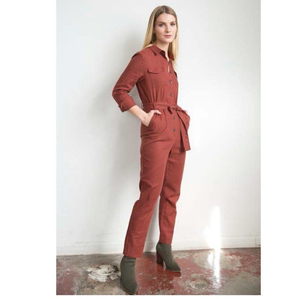 Six Crisp Days Rust 3/4 Sleeve Button Down Belted Linen Blend Doma Jumpsuit Sz M